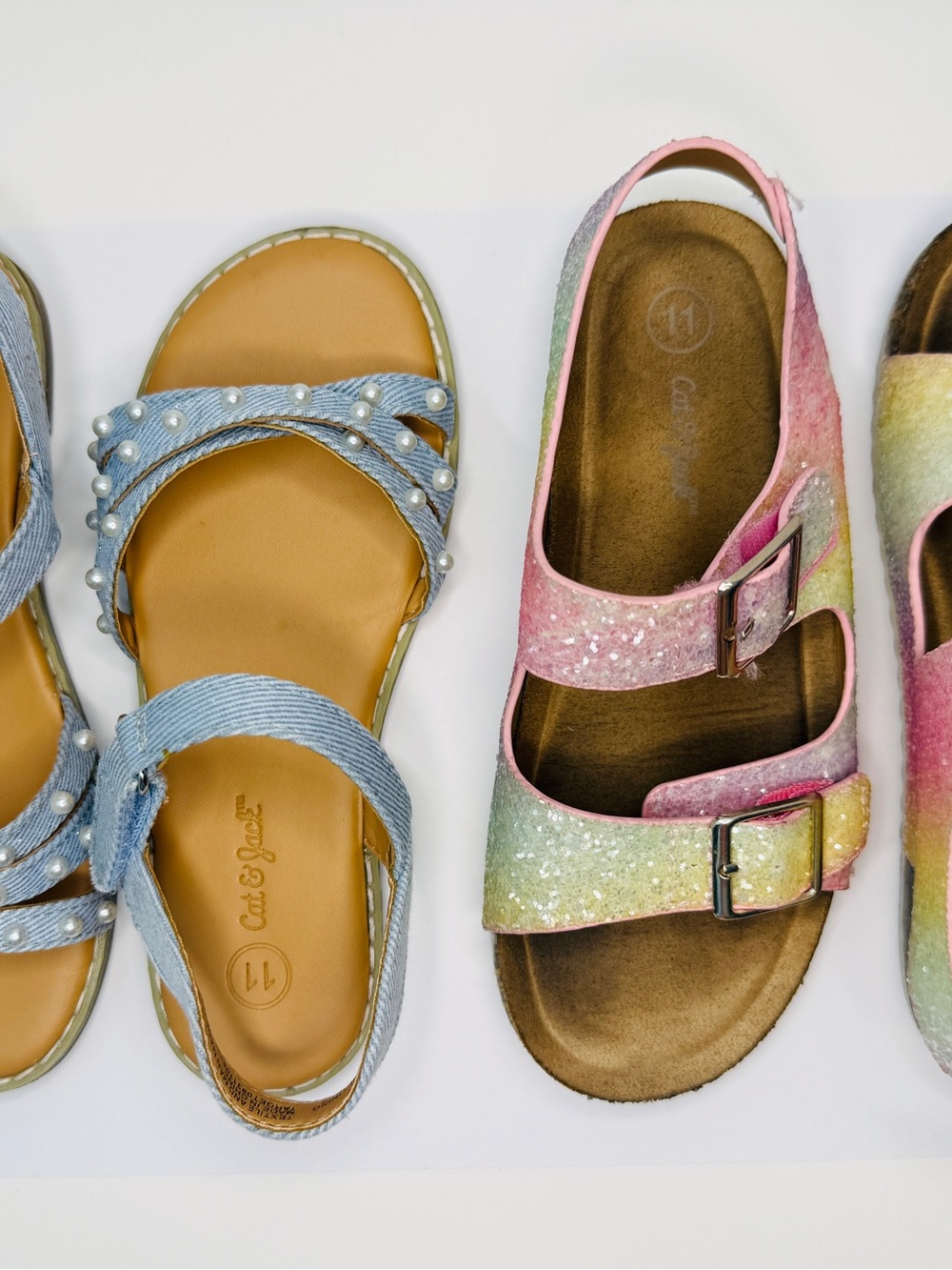 Cat & Jack Girls Size 11 Sandals 2 Pair Bundle Pearl Denim Glitter Buckles